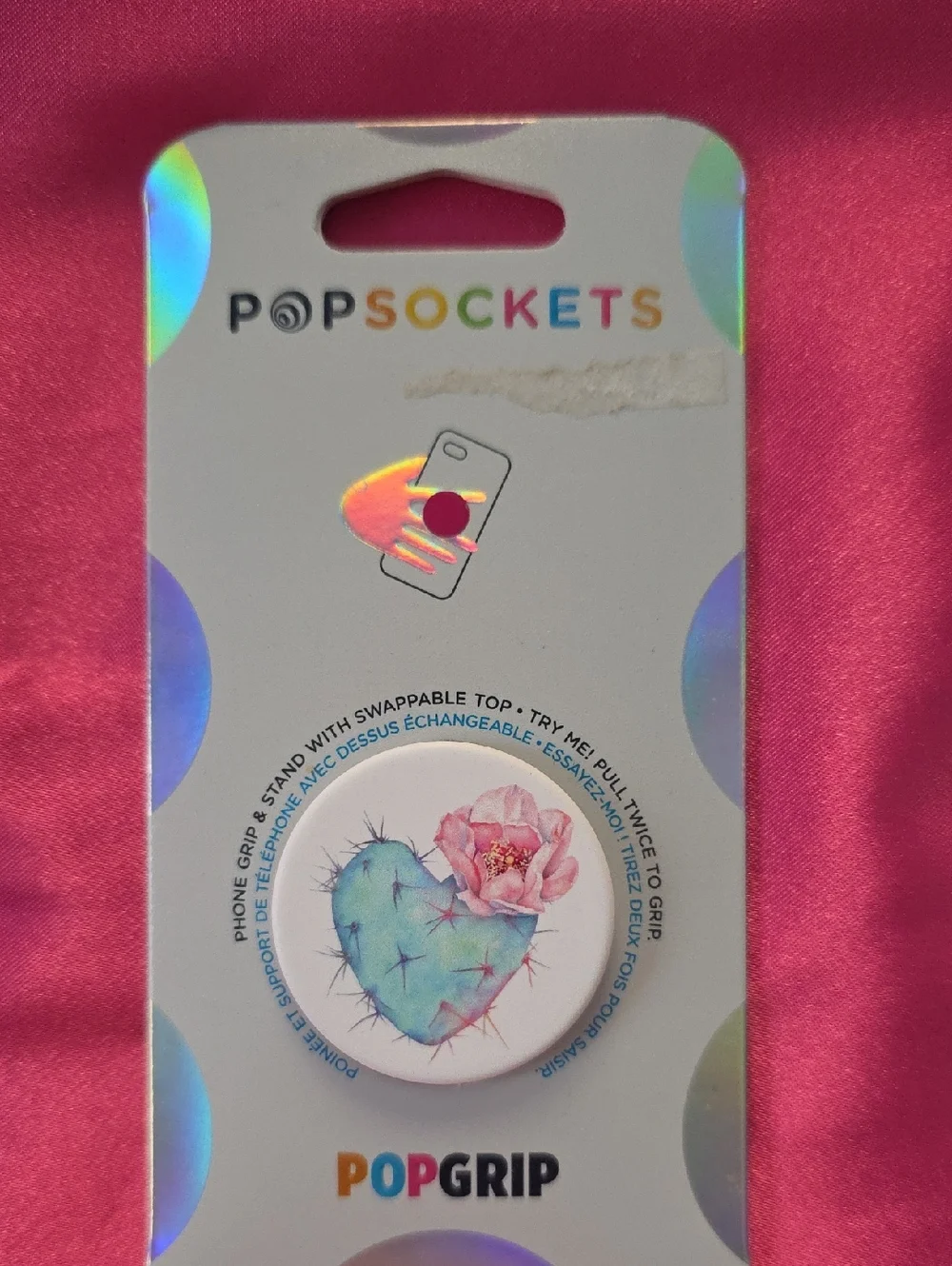 PopSockets PopGrip White Top with Blue-Green Heart Cactus and Pink Flower
